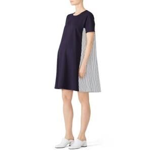 Slate & Willow Maternity Navy Stripe Crepe Pleated Back Shift Dress Size Large